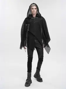 Men’s Gothic Hooded Mesh Poncho – Dark Streetwear Layered Cape Top