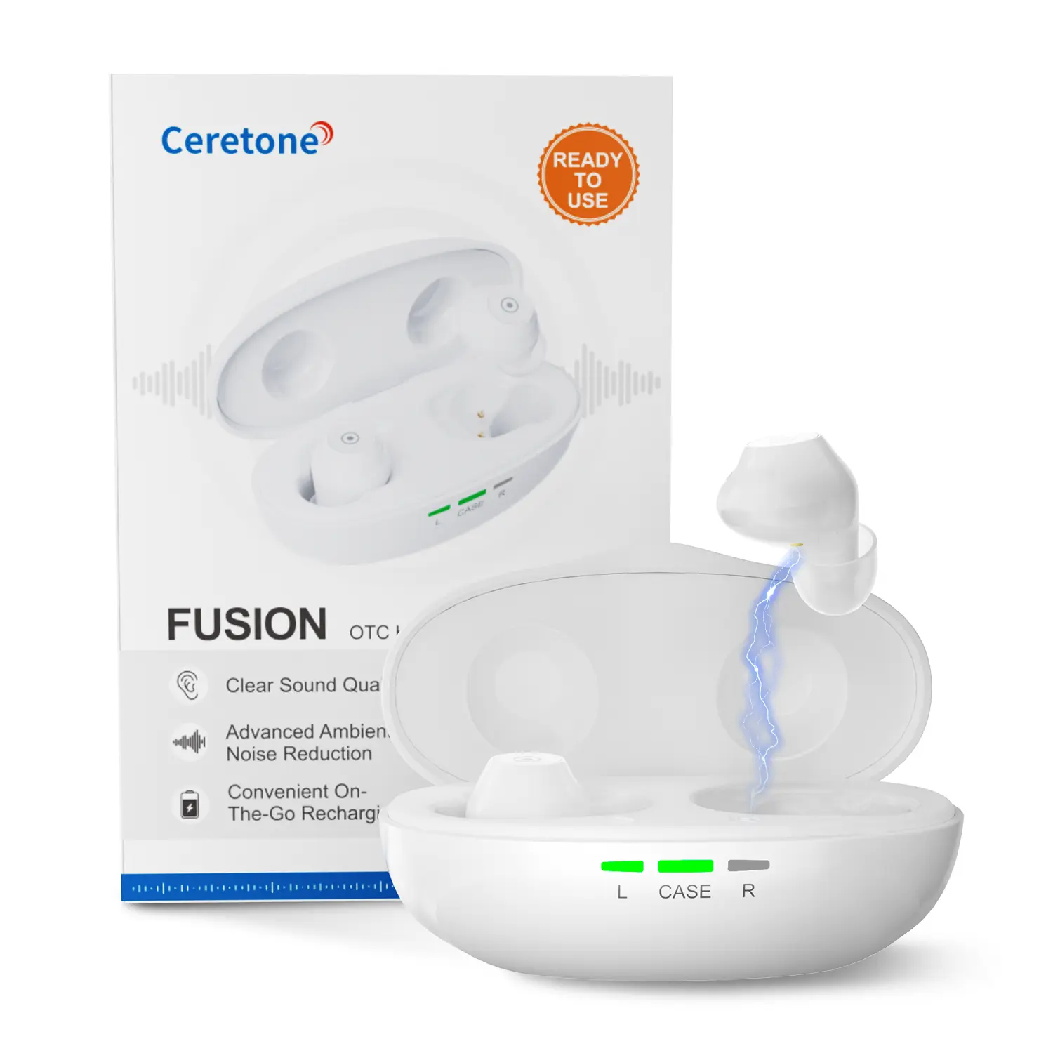 Ceretone Fusion Rechargeable OTC Hearing Aids for Adults - Healthcare Travel Audio Device with Easy Volume Control, 75H Portable Charging Case for Storage, Long-Lasting Batteries