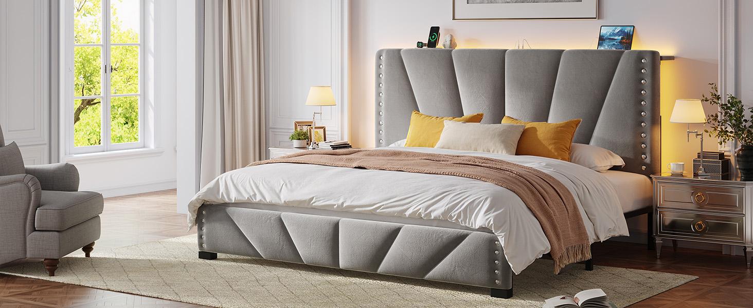 Bed Frame King Size with LED lIghts & Charging Station, Upholstered Queen Bed Frame with Shelves, Luxury Bedframe, Bedroom FurnitureNo Mattress, Noise Free, Holds 880LBS, Wood Slats & Metal Frame, Beige, Gray Bed Frame King Size with LED lIghts & Charging Station, Upholstered Queen Bed Frame with Shelves, Luxury Bedframe, Bedroom FurnitureNo Mattress, Noise Free, Holds 880LBS, Wood Slats & Metal Frame, Beige, Gray