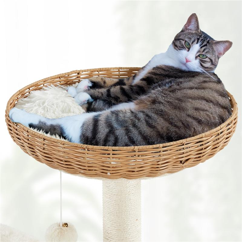 Costoffs 54" Tall Rattan Cat Tree with Sisal Scratching Posts, Cozy Nest & Soft Cushion – Luxury Cat Condo with Hanging Ball, Basket, and Bowl for Small to Medium Indoor Cats