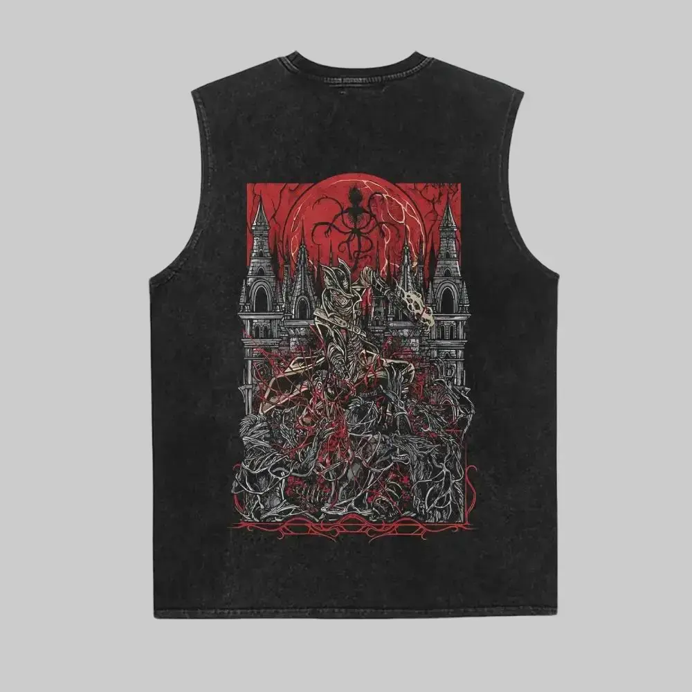 Vintage Washed Bloodborne Graphic Tank Top 90s Retro Gamer Sleeveless Shirt Men's Streetwear Vest Casual Vacation Outfit Y2K Top