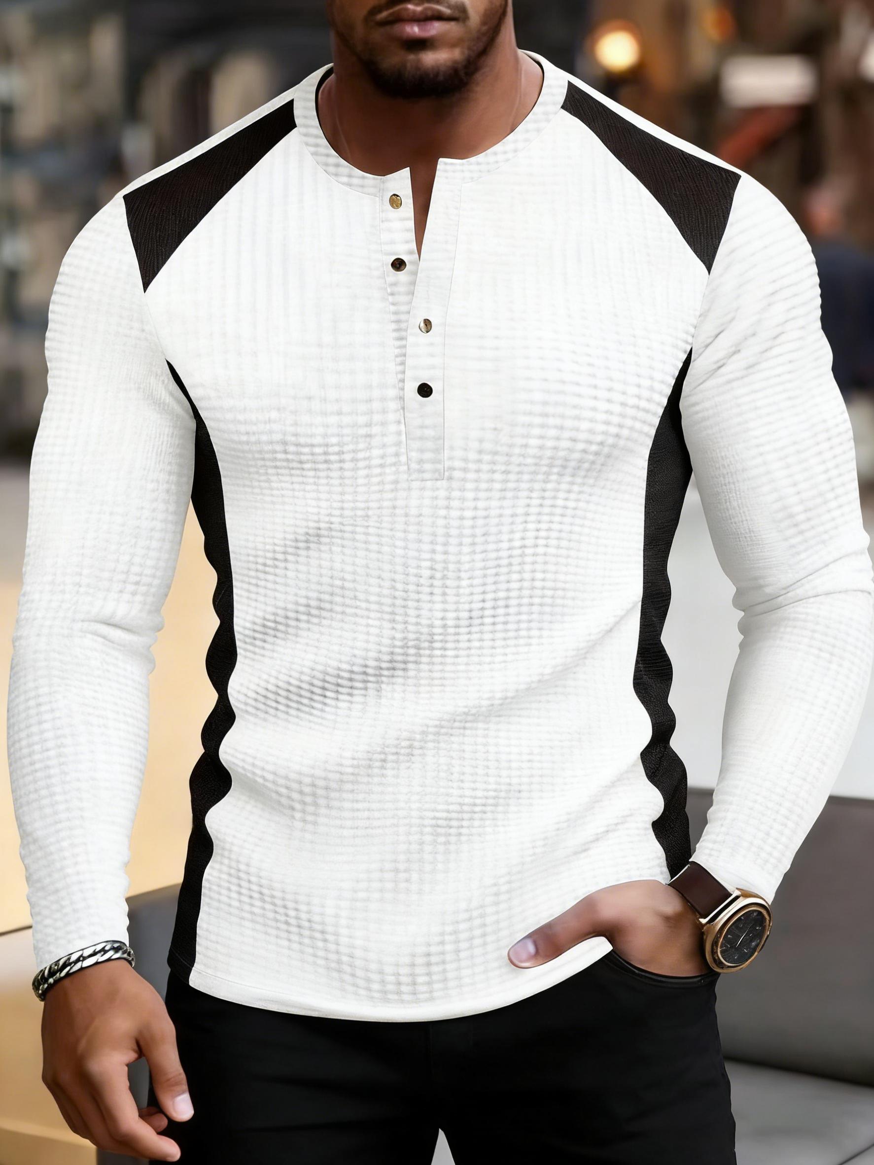 Men's Waffle Knit Henley Long Sleeve T-Shirt - Slim Fit Contrast Color Patchwork Design | Soft Breathable Fabric | Black & White Stylish Casual Top | Suitable for Daily/Date/Office | Autumn Winter Fashion Essential