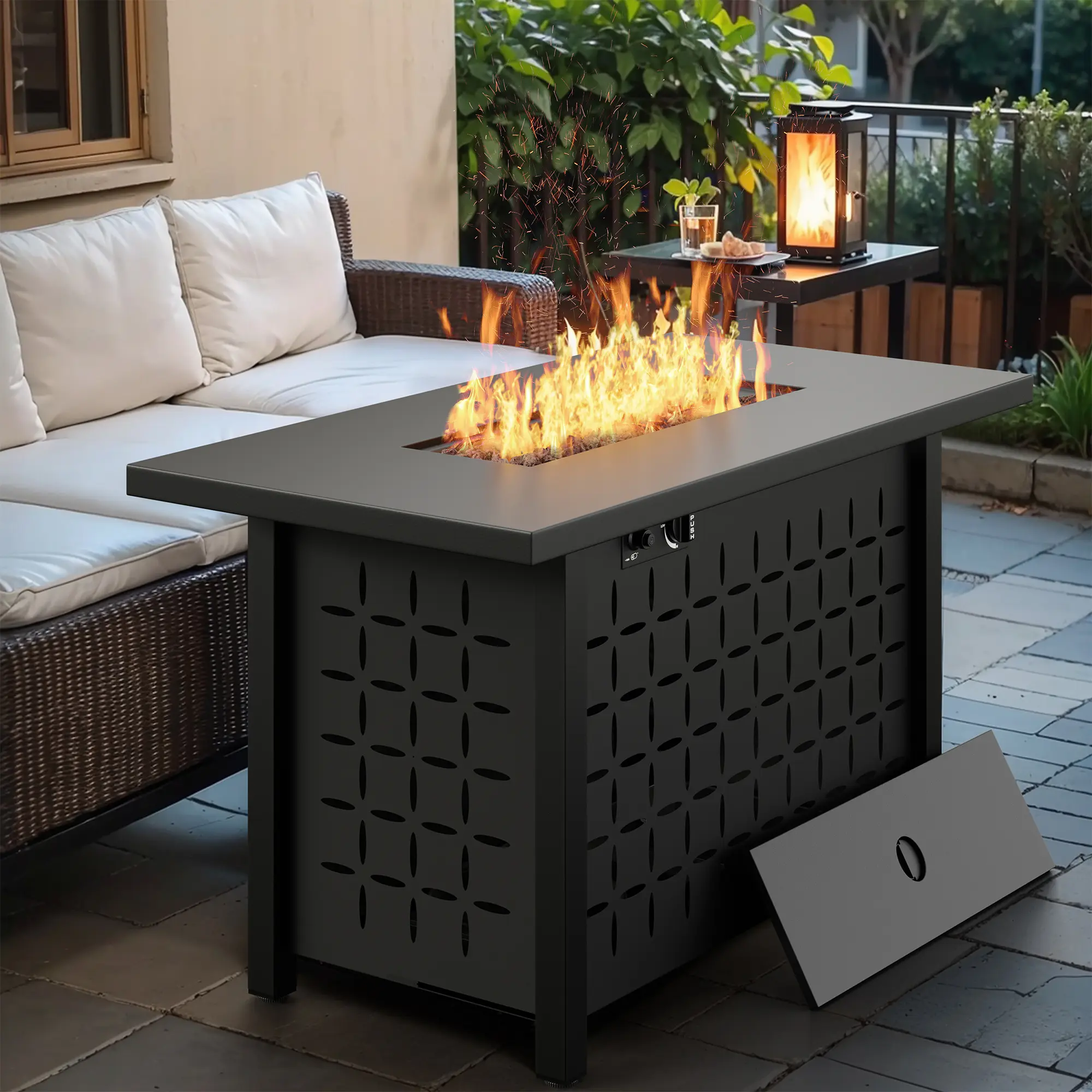 Walsunny 43 inch Steel Fire Pit, Outdoor Propane Fire Pit Table Without Glass 50,000 BTU Fire Table Square Gas Fire Pit with Lava Rocks Waterproof Cover and Lid for Outside/Patio/Garden