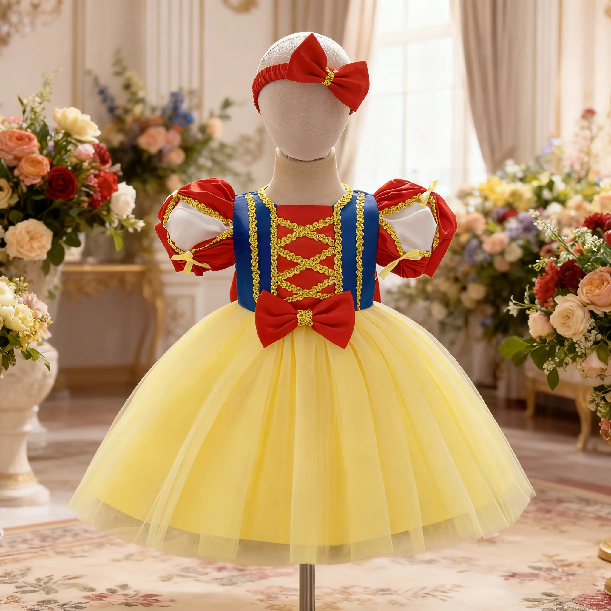 Girls' 010 Color Block Mesh Splice Puff Sleeve Cloak Princess Dress, Birthday Party Dresses, Suitable for Role Play