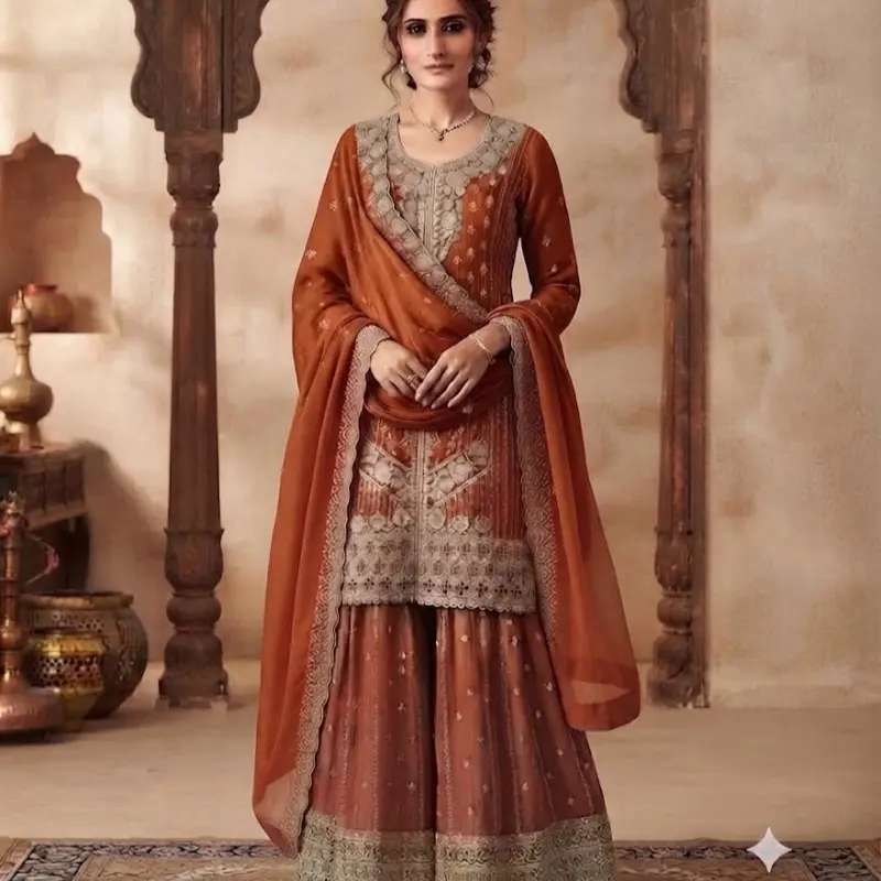 Luxury Embroidered Silk Sharara Set | Traditional 3-Piece Indian Pakistani Ethnic Wear | Elegant Festive Salwar Kameez Suit with Dupatta for Women   Size 46