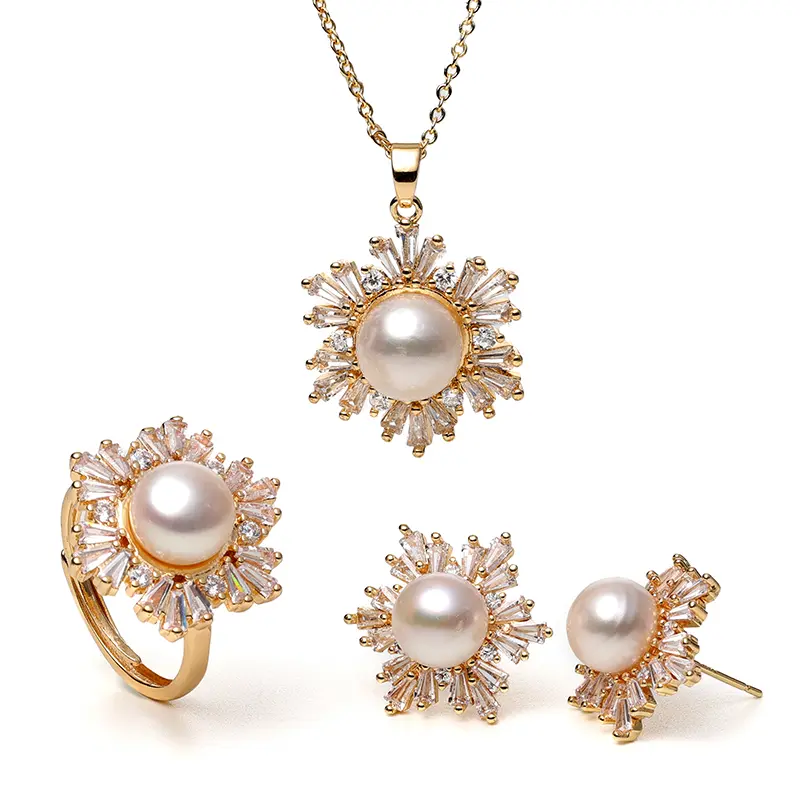 3-Piece Jewelry Set, Exquisite Timeless Pearl and Snowflake Pendant, Stud Earrings, and Ring, Luxury Textured Gold Bordered Anniversary Present for Elegant Women