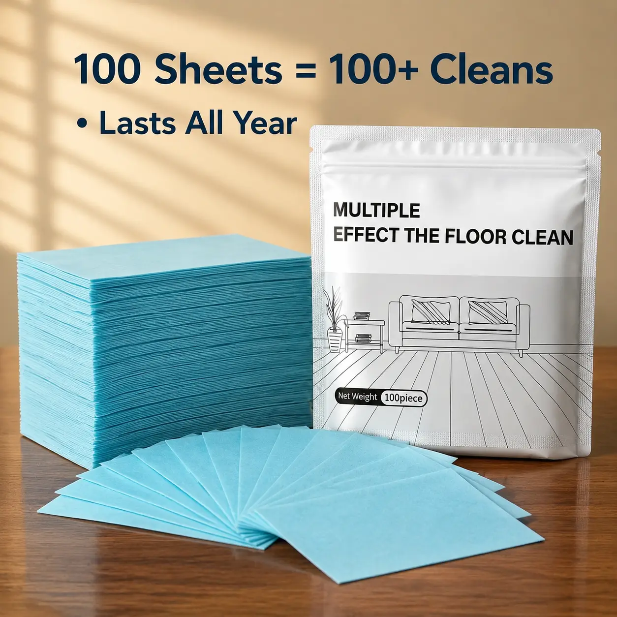 100-Sheet Multi-Effect Dissolvable Floor Cleaning Paper, Antibacterial Streak-Free Multi-Surface Whole-House Home Care Essential Value Pack, All-Purpose Household Cleaner Supply