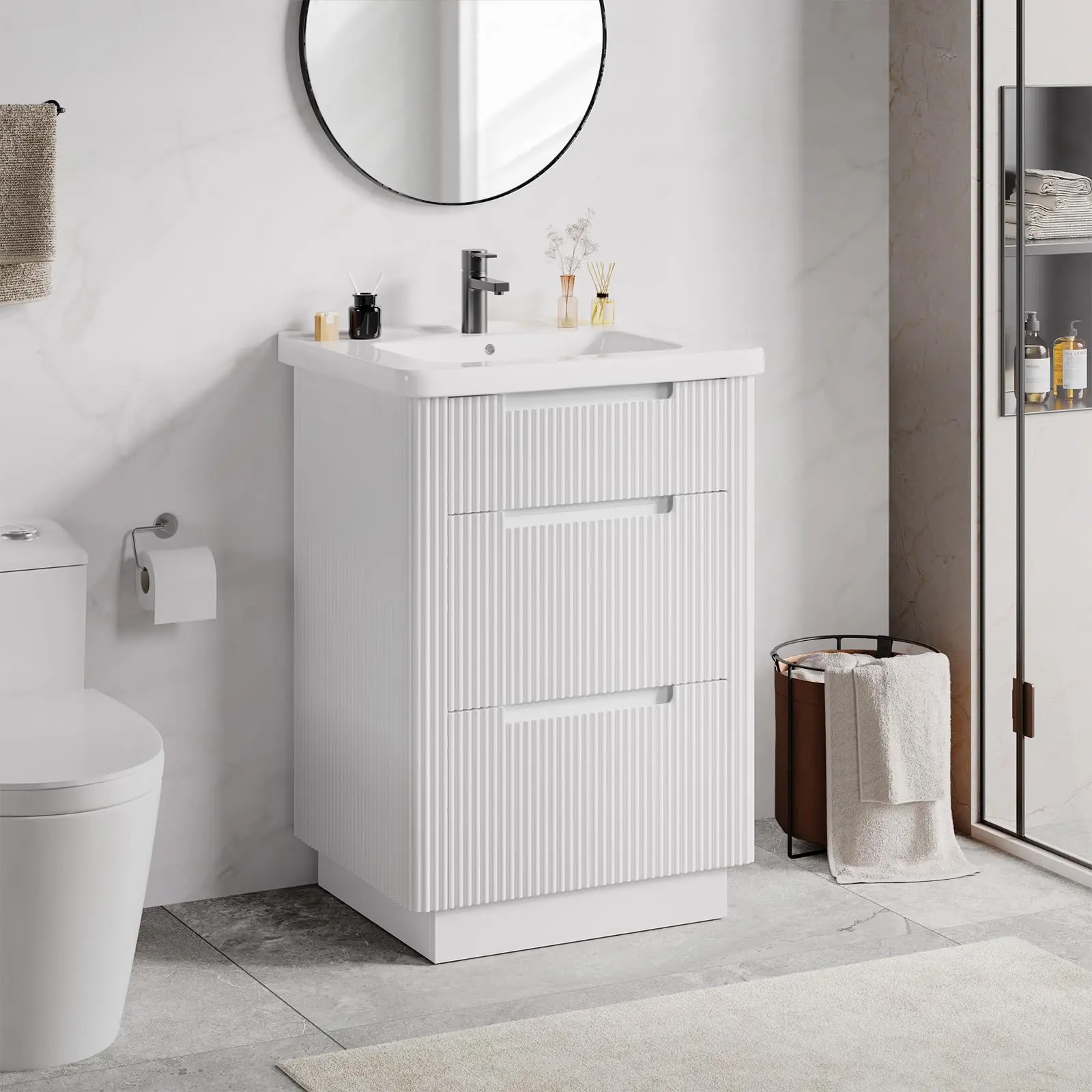 【BackToSchool】ONBRILL 24" Modern Fluted Wood Floor Standing Bathroom Vanity with Sink Combo - 3-Drawer Bath Cabinet with Integrated Ceramic Sink, Compact Modern Storage Cabinet for Small Spaces, Floor Standing Cabinet, Fluted Cabinet Wood