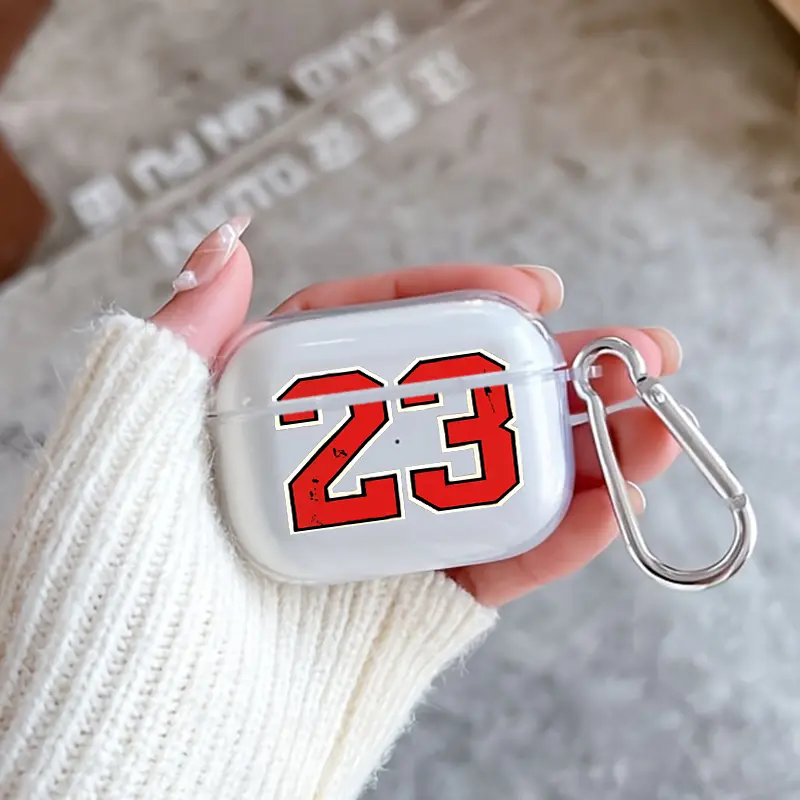 Legendary Number 23 Pattern Protective Case for AirPods 4/3/2/1/Pro/Pro2 Soft TPU Earphone Cover, Transparent with Keychain