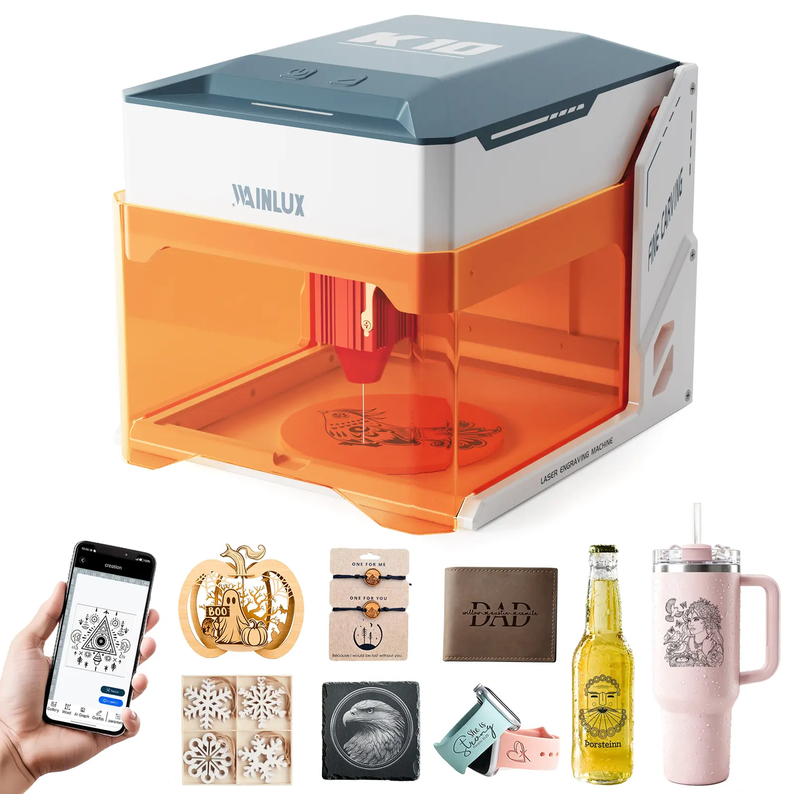 WAINLUX K10 Portable Laser Engraver 5W Edition Laser Engraving Machine Compact Design Plug & Play  Beginner-friendly  for DIY Project Custom Gift Festive Decor Maker Small Business