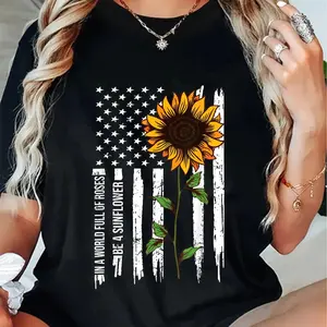 100% Cotton In A World Full Of Roses Be A Sunflower American Flag T-Shirt 👑