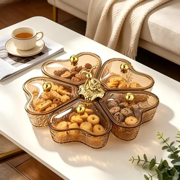 Sturdy Plastic Flower Shape Rotating Multi-Compartment Fruit & Snack Plate - Nut, Dried Fruit, Candy Storage Box - Multi-Functional Dessert Serving Tray for Home/Office Kitchenware Decoration
