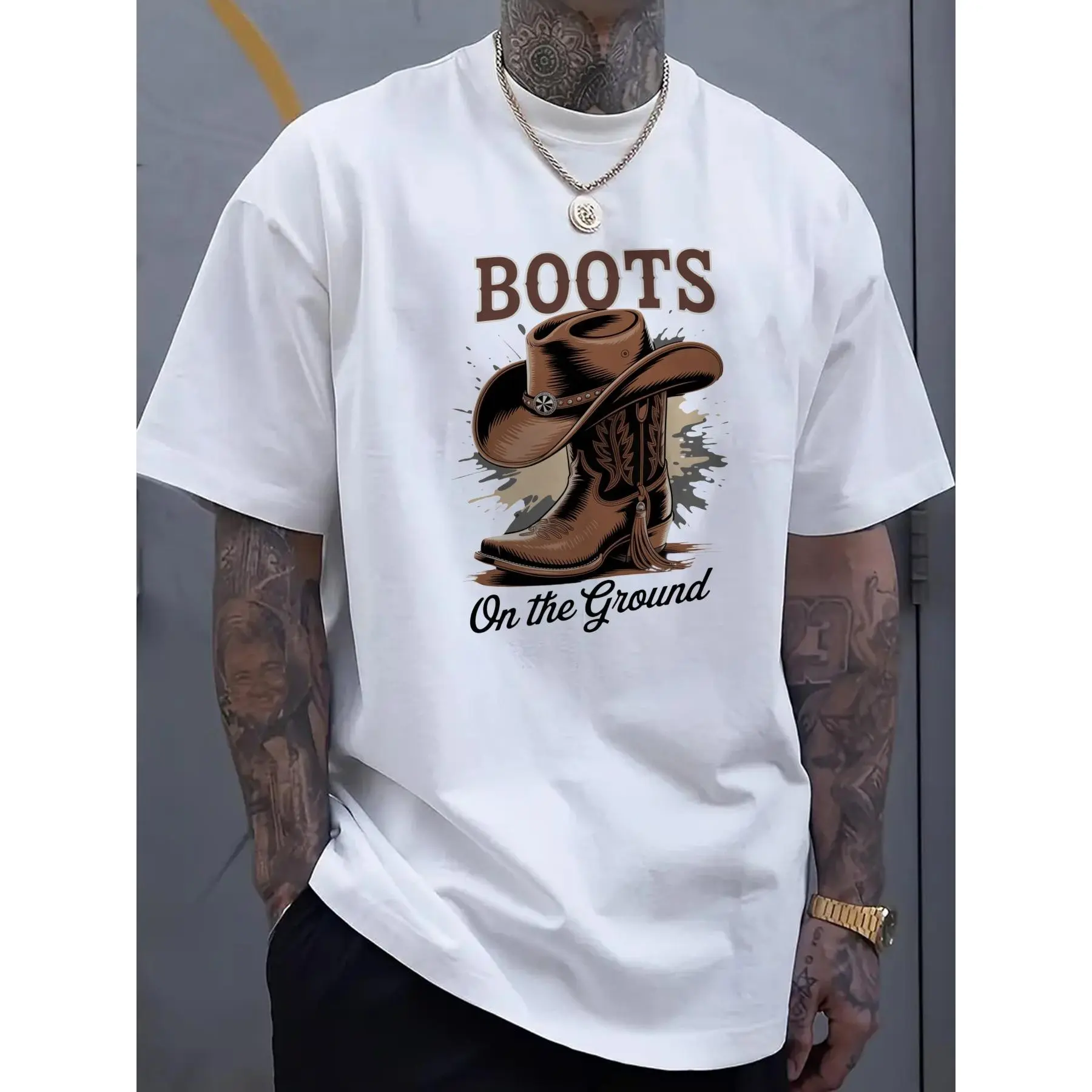 Men's 100% Cotton Classic Cut Short-Sleeve Round Neck Graphic T-Shirt - Cowboy Boot & Hat Print, Boots-On-Ground Design, Heat Transfer, Casual Streetwear Top, Soft Fabric