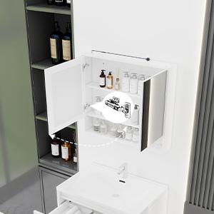 32-Inch Modern Wall Mount LED Ring Light Up Bathroom Mirror Cabinet, Anti-Fog Dimmable Touch Control, Open Recessed Storage Nook, Soft Close Double Doors, Moisture Resistant Solid Plywood Medicine Vanity for Shower, Powder Room, Wall Mirror