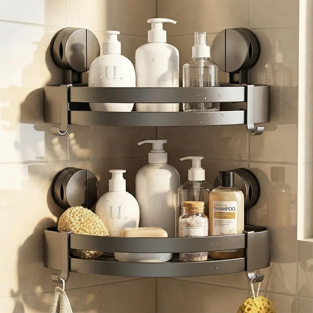 （Attention Usage Scenarios&Installation Steps & Press Down Firmly）One-Touch Installation Aluminum Basket with Drainage No-Drill Shower Caddy with Hooks, Self-Adhesive Upgraded Design Featuring an Enlarged Vacuum Suction Cup for Exceptional Durability