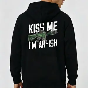 Kiss Me I Am Ar Ish Funny Graphic Hoodie For Men Cotton Blend Heavyweight Black Pullover Sweatshirt St Patricks Day Style Casual Streetwear Long Sleeve Hooded Top Edgy Design
