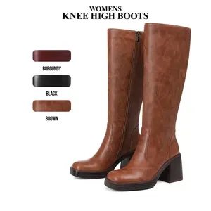 Womens Knee High Boots Square Toe Platform Chunky Block Heels Fashionable Side Zipper Outdoor Club Events Party Office Wide Calf Long Spring Boots