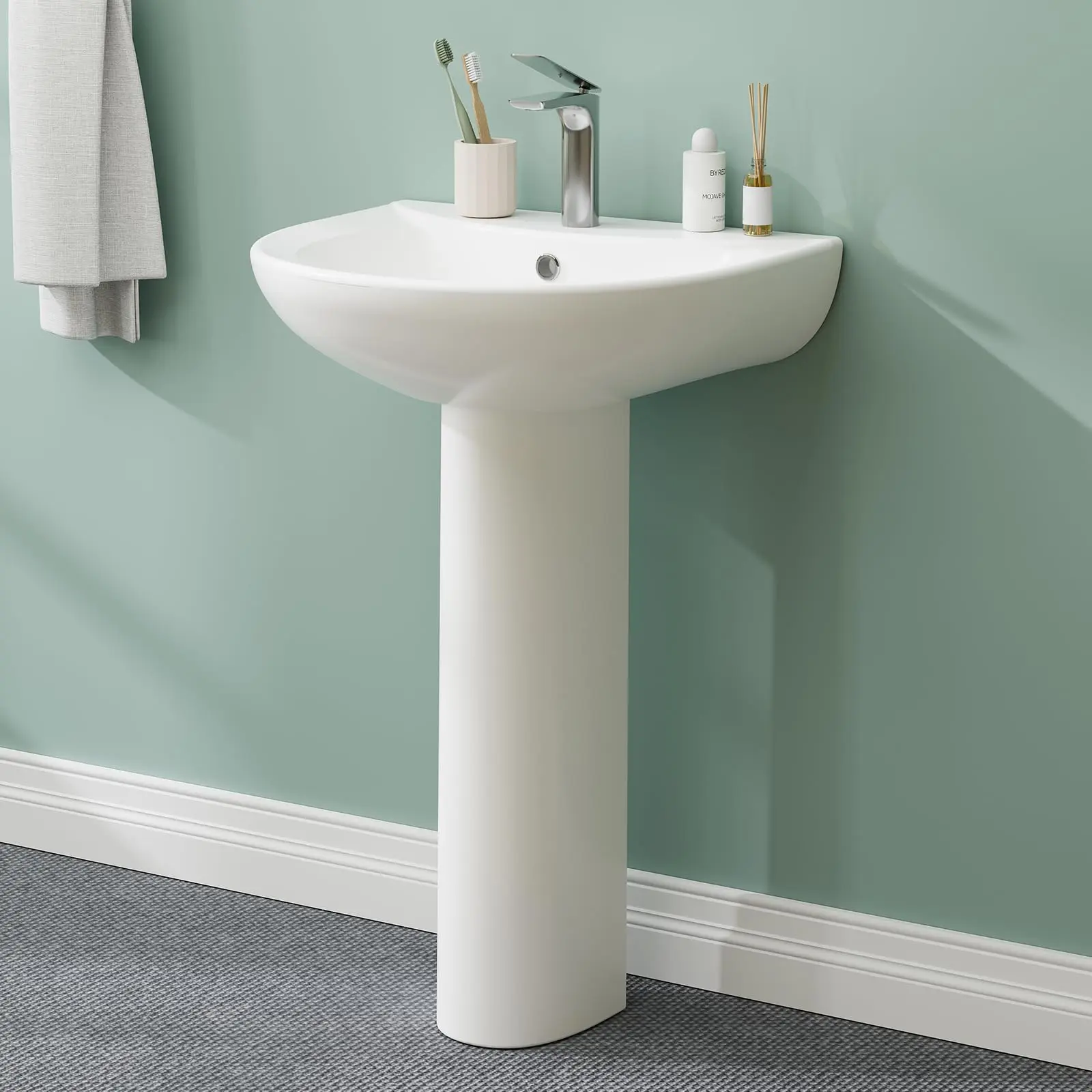 GARVEE Modern Classic Design Pedestal Sink - 20" x 17" U-Shape White Ceramic Bathroom Sink with Overflow, Compact Pedestal Sink for Small Bathrooms and Powder Rooms