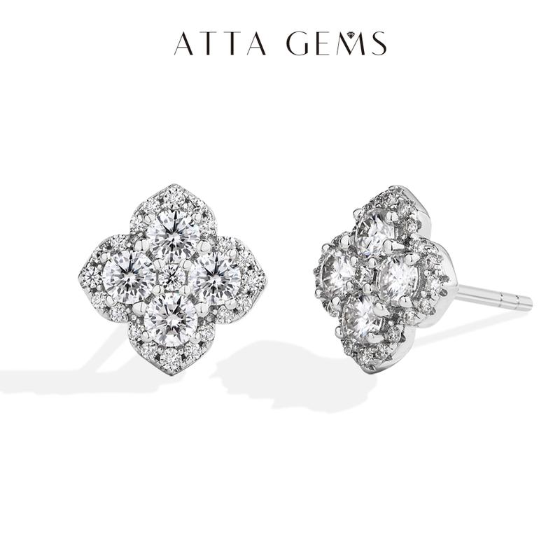 Attagems D Color VVS1 Lab-Created Moissanite Stud Earrings for Women Classic Elegant Floral Design Sparkling Gemstone Jewelry E052 Sterling Silver Wedding Anniversary Birthday Trend E052