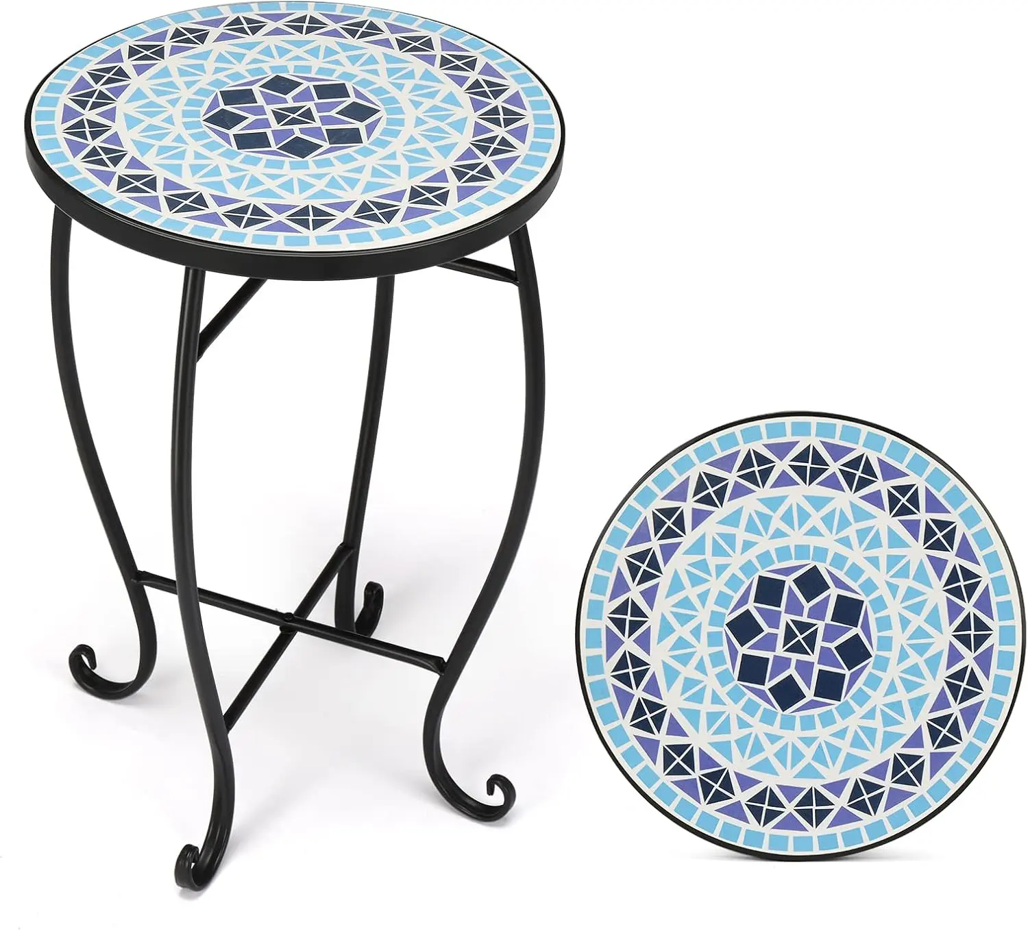 VINGLI Mosaic Accent Table, 14" Round Side Table,End Table, Plant Stand Decor for Patio Porch Beach Theme Balcony Back Deck Pool Indoor Outdoor Coffee, Metal Cobalt Glass Top Black Iron(Blue Ocean)