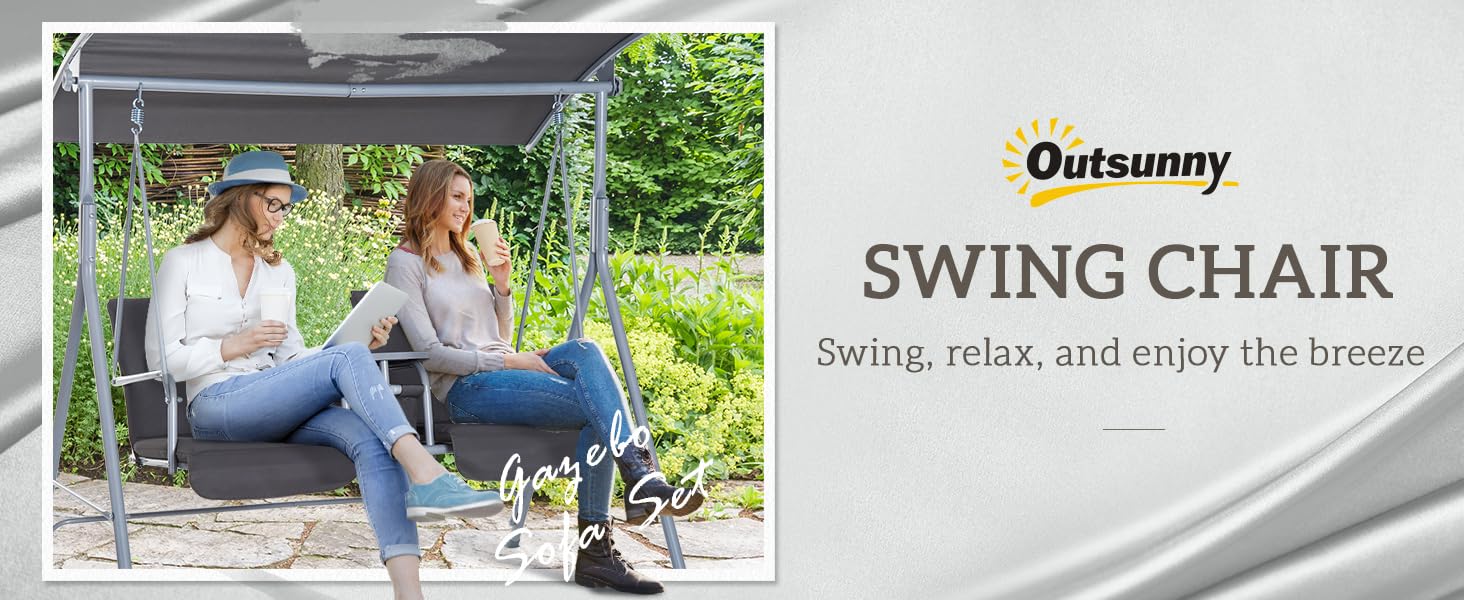 Outsunny 2 Person Porch Swing with Stand, Outdoor Swing with Canopy, Storage Table, 2 Cup Holders, Cushions for Patio, Backyard