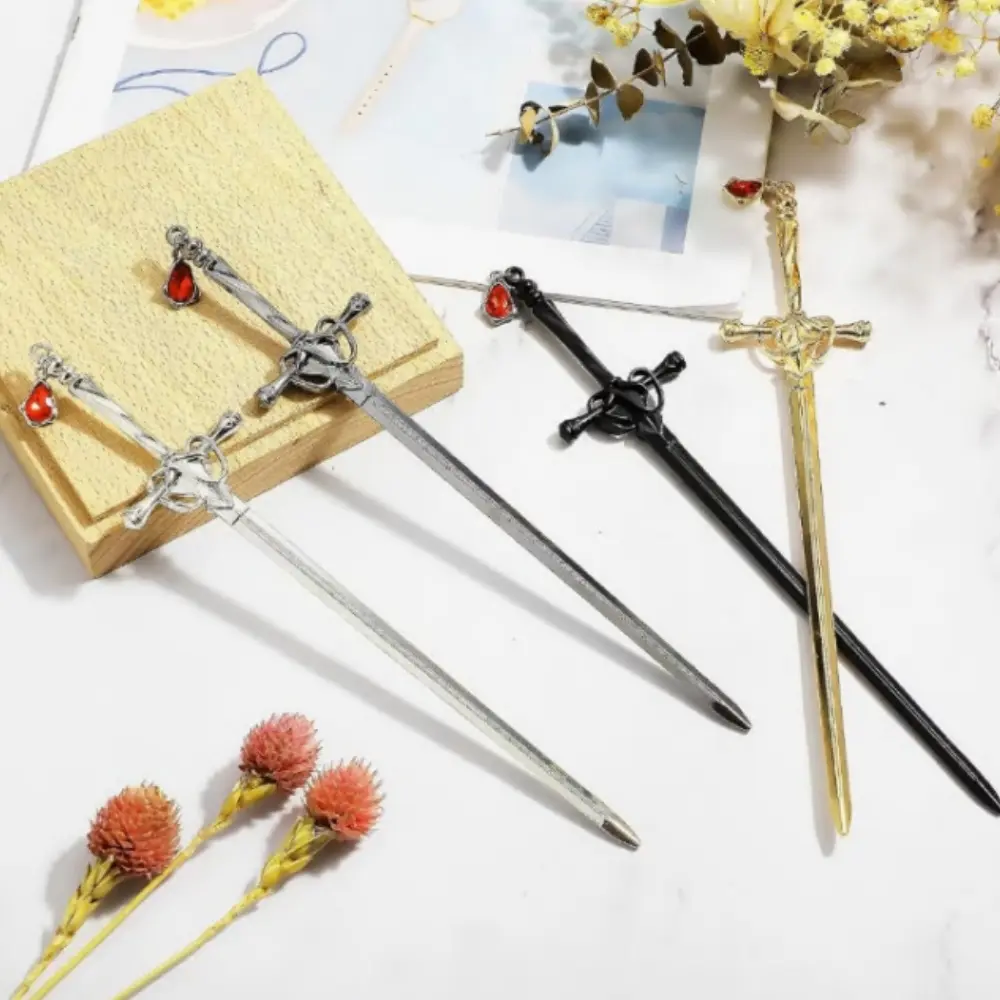 Female 4pcs Hair Clip Set, Chinese Ancient Style Alloy Sword Pendant Hairpin, Retro Creative Hair Bun Accessory for Wedding, Mother, Photography, Sports Headband