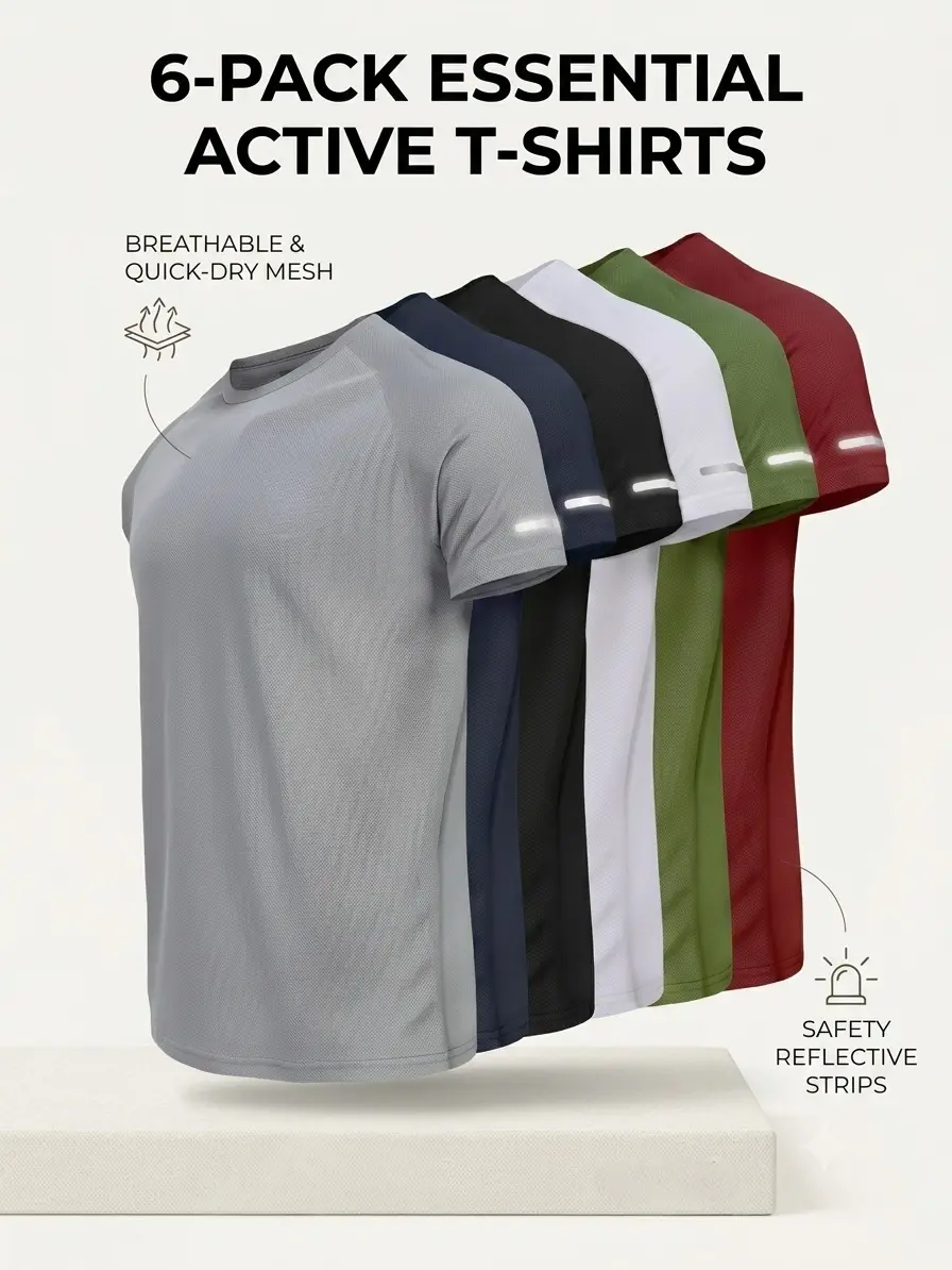 Men's 6-Pack T-Shirts, Crewneck Mesh Athletic Tees, Quick Dry Gym-to-Casual Tops with Reflective Strips & Durable Stitching, Men's T Shirts,back to school,back to school shopping, Crewneck Gym Tee, Fitness Running Tops