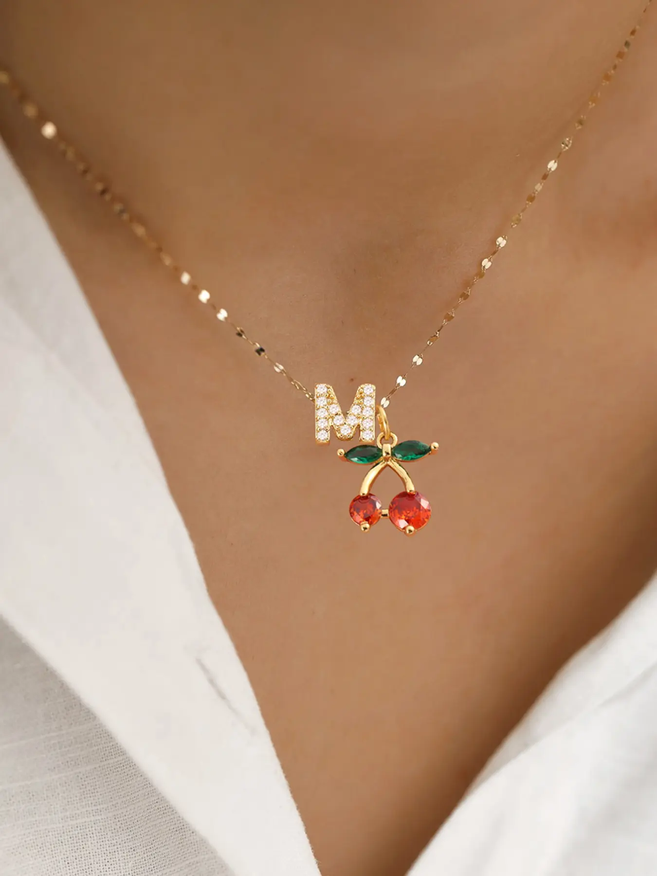 Women's Elegant Zirconia Initial Cherry Pendant Fashion Necklace, Stainless Steel Lip Chain, All-Season Jewelry