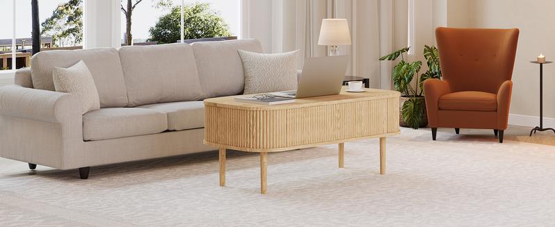 Giratree Fully Assembled Wooden Center Table, Fluted Lift Top Coffee Table with Hidden Compartment, Modern Oval Lift Tabletop for Home Living Room Office