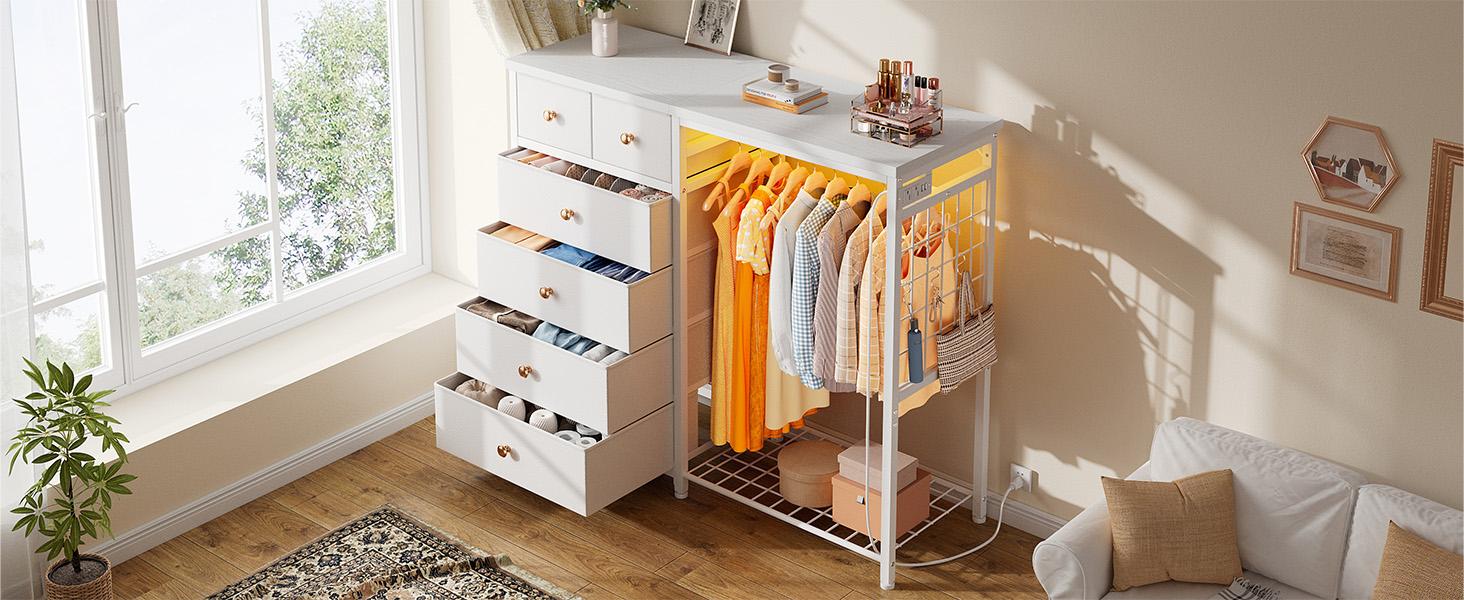 Raybee 49.2" W 6 Drawer Dresser for Bedroom with Hanging Rack, Home Organizer Dresser with LED Lights & Charging Station, Fabric Dressers & Chest of Drawers with Clothes Rack, Wooden Top, Grid Panel, Small Space Storage Unit for Living Room, Closet Raybee 49.2" W 6 Drawer Dresser for Bedroom with Hanging Rack, Home Organizer Dresser with LED Lights & Charging Station, Fabric Dressers & Chest of Drawers with Clothes Rack, Wooden Top, Grid Panel, Small Space Storage Unit for Living Room, Closet