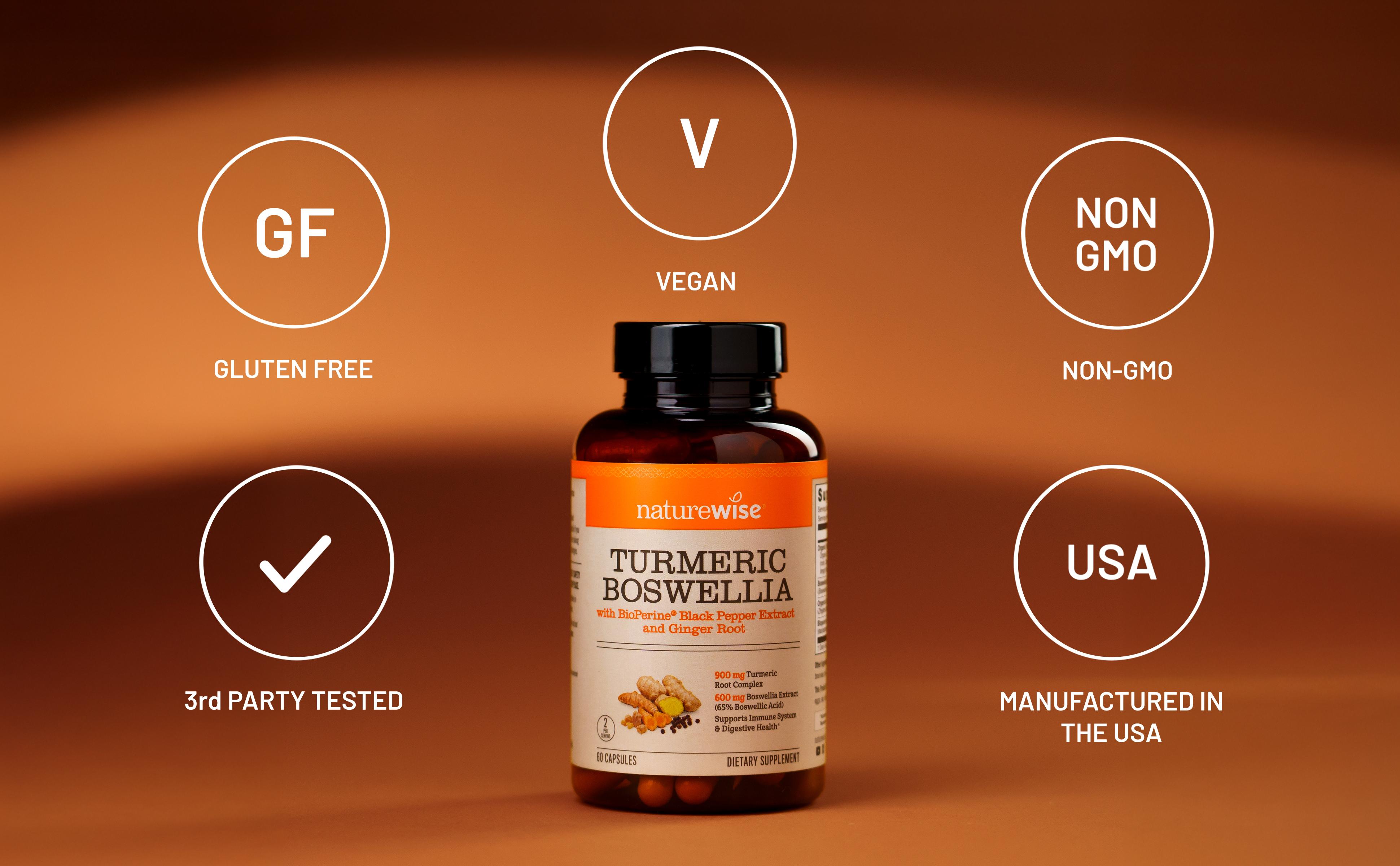 NatureWise Turmeric Boswellia Supplement with BioPerine & Organic Ginger Root - Organic Turmeric 900mg + Boswellia Extract 600mg - Non-GMO, Vegan, USA Manufactured