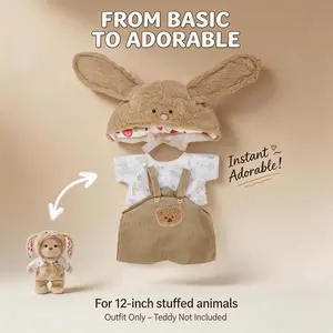 TEDDY HUGGY Clothes Only - For 12-Inch Plush Bears |12-inch Brown Long-eared Rabbit in Workwear Three-piece Set (Hat + T-Shirt + Bear Overalls)