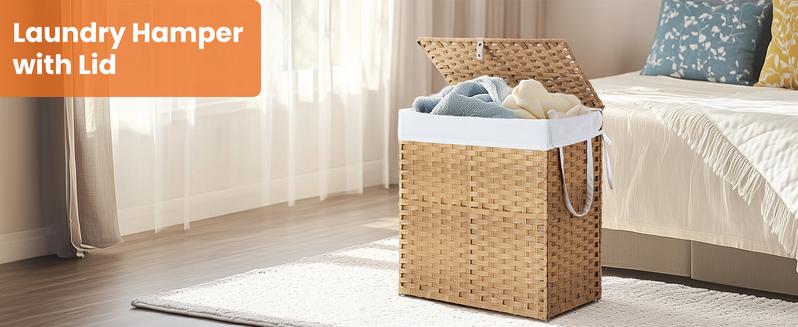 90L/110L Woven Rattan Laundry Hamper with Adjustable Lid, Dirty Clothes Busket, Foldable, Steel Frame, Machine Washable for Home, Bathroom, Bedroom