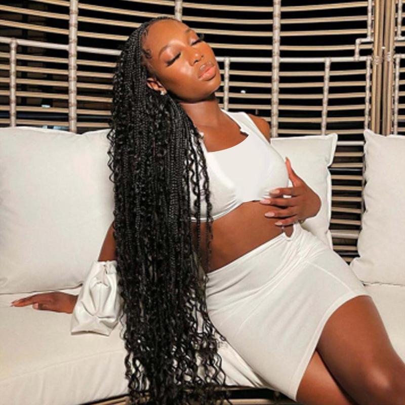 Wiggins 36 Inch Box Braided Wigs Full Lace Front Wig Synthetic Long Braided Wig Synthetic Braided Wigs With Boho Curly Ends WeeklyDeals
