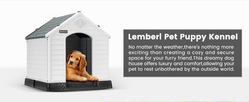 LEMBERI Durable Waterproof Plastic Dog House for Small to Large Sized Dogs, Indoor Outdoor Doghouse Puppy Shelter with Elevated Floor, Easy to Assemble