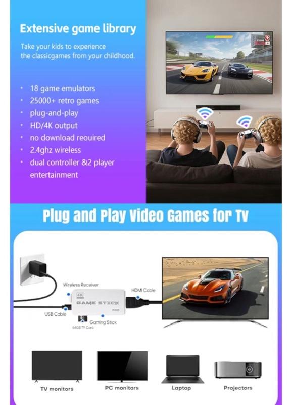 Retro Game Stick, Retro Gaming Console with Built-in 20000+ Classic Games, Video Games Stick 4K HDMI with Dual 2.4G Wireless Controllers (64GB)