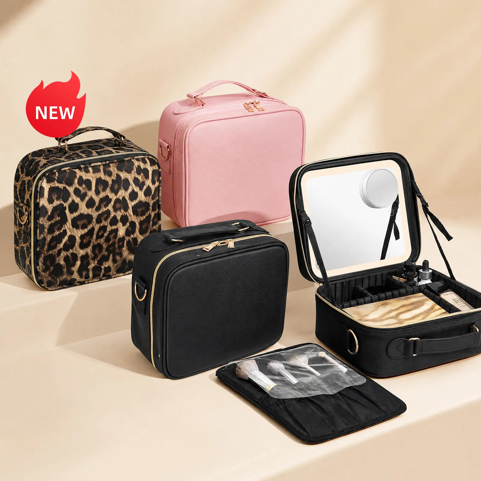 Makeup Bag with 3 Color Led Mirror, PU Leather Travel Cosmetic Bag Makeup Organizer Bag, Portable Makeup Case Adjustable Dividers Storage Box, Gift travelessentials,backpacks for school,cute backpacks for school,bookbag,school backpack