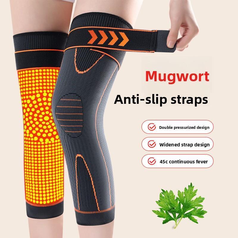 High-Elasticity Unisex Extended-Length Wrap Knee Brace Breathable Knit Support Sleeve with Artemisia Warmth for Sports Running Adjustable Compression Strap for Basketball Hiking Joint Pain Relief Non-Slip Knee Pad Pressurized Knee Pad
