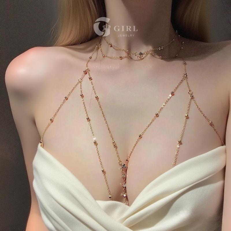 GGIRL 18K Gold Plated Sexy Body Chains for Women,  Layered Bra Body Chain Sparkly Artificial Crystal Chest Chain Beach BIkini Party Club Body Jewelry for Women and Girls