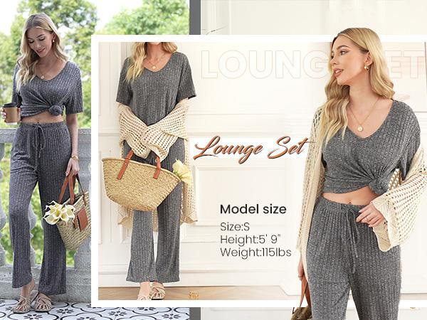 EKOUAER women's two-piece short sleeved top and cropped pants casual wear and S-XXL comfortable and soft casual wear light spring and summer set