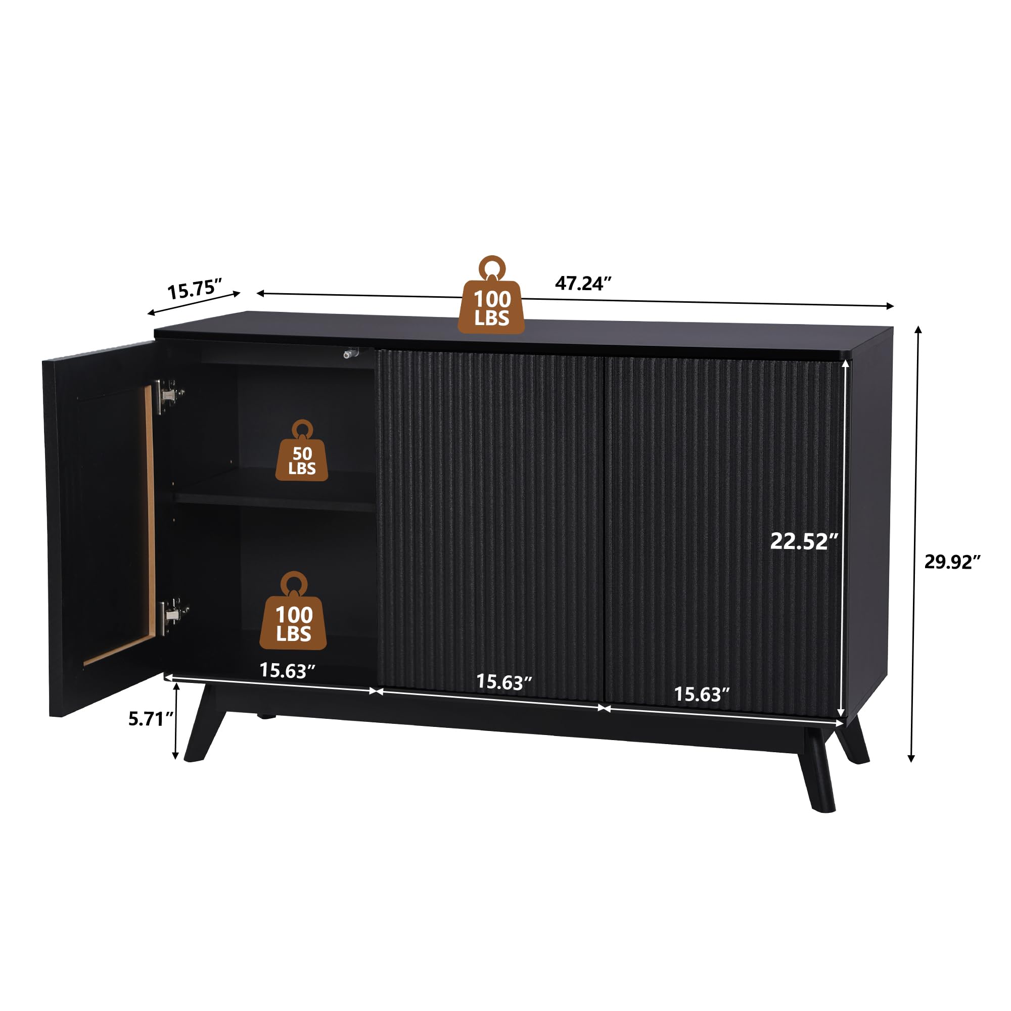 Giratree 2 3 Doors Sideboard Cabinet, Mid Century Farmhouse Fluted Credenza Sideboard Long Buffet Cabinet with Storage for Kitchen, Dining Room Coffee Cabinet, Office, Living Room TV, Entryway Cabinet