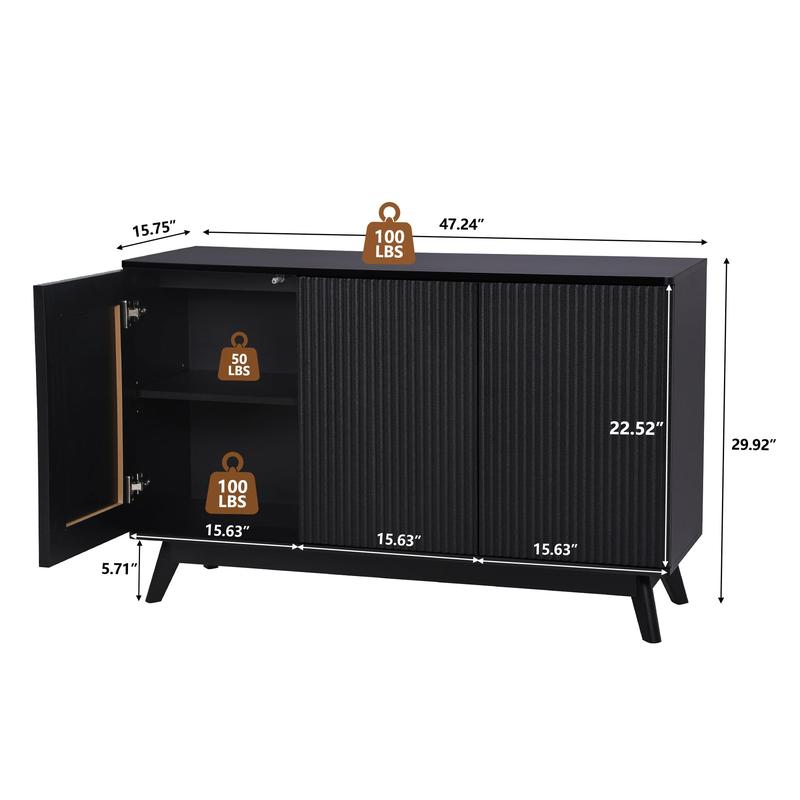 Giratree 2 3 Doors Sideboard Cabinet, Mid Century Farmhouse Fluted Credenza Sideboard Long Buffet Cabinet with Storage for Kitchen, Dining Room Coffee Cabinet, Office, Living Room TV, Entryway Cabinet