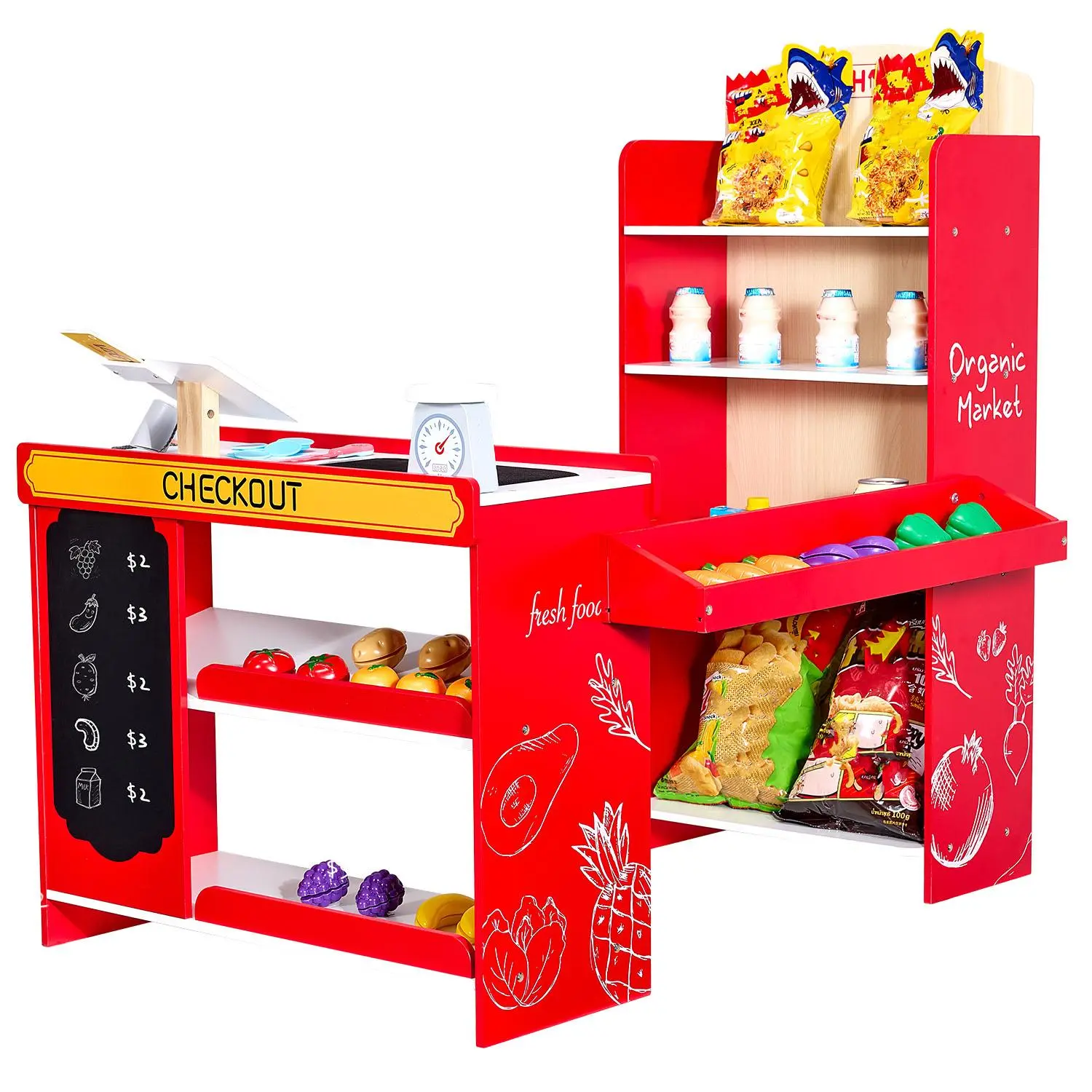 【DealsForYouDays】VEVOR MDF Wood Kids Grocery Store Playset - Unisex Kids Toys with Shopping Bag, Conveyor Belt, Scanner, Cash Register, Realistic Scale, Card Reader, 20 Fruit & Vegetable Pieces, Multi Activity Playset, Gifts for Girls & 3-4 Year Old Boys,