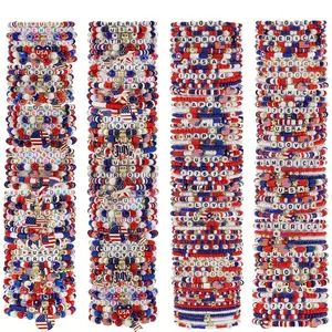 20pcs Mix Multi-layer Beadeds Bracelets, Soft Ceramic Beadeds, Blue & White, American Flag Pendant, Independence Day Gifts, Adjustable Elastic Design, Party Favors, Random Styles, Perfect Festival Gifts for Friends, Family