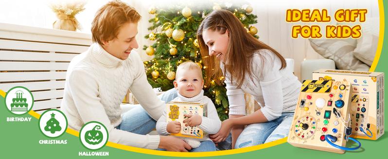 Hoarosall Busy Board Plus V2 Montessori Toys for 1-3 Years Old Wooden Toddler Toys with 10 LED Lights & Master Switch Ideal Travel Toy for Infants Learning Materials Multi Activity Playset