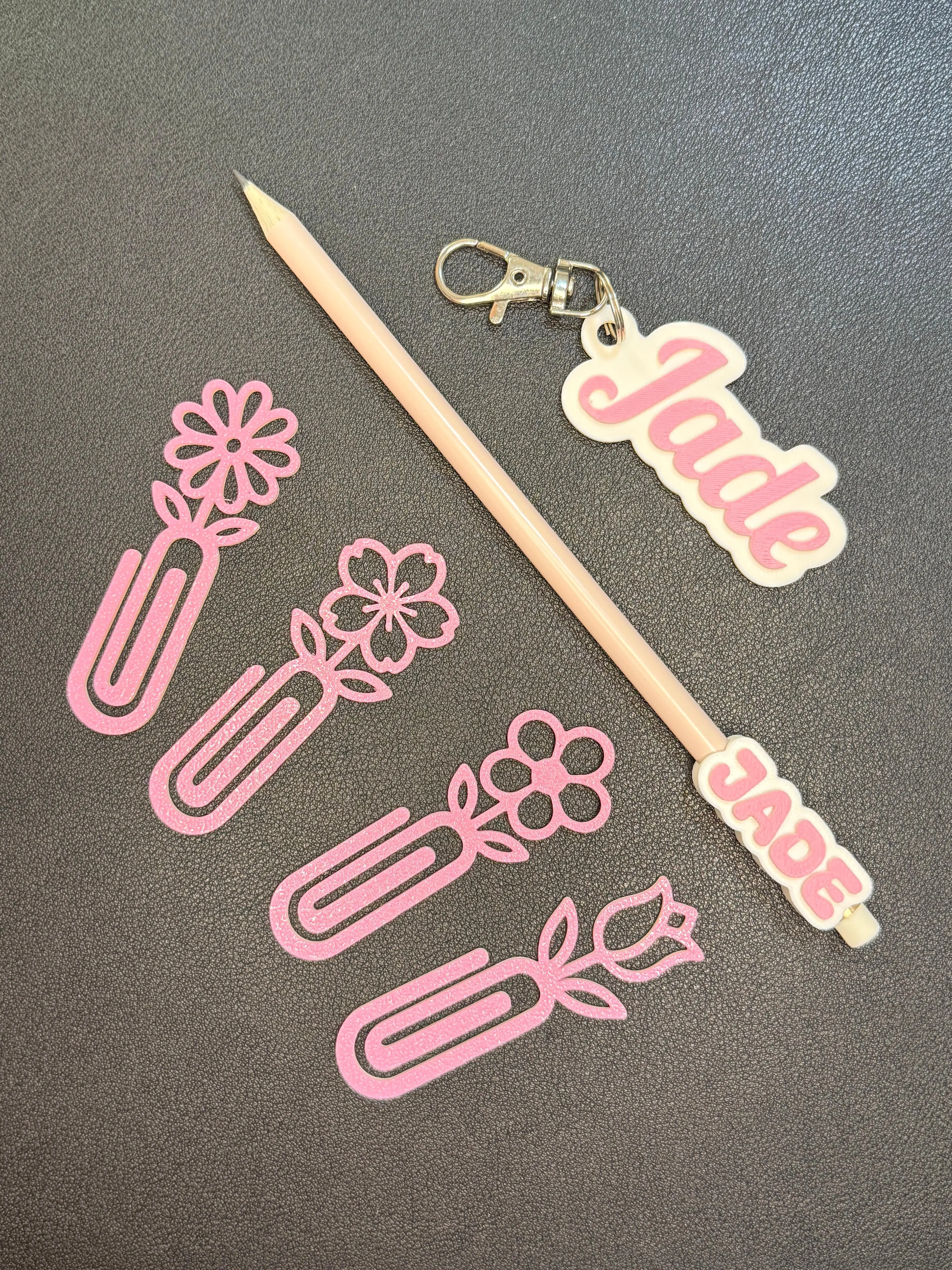 Personalized School Accessories | Custom Pencil Topper, Name Keychain & Flower Bookmark