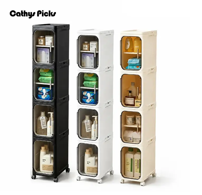 Tall Narrow Storage Cabinet with Movable Wheels, Adjustable Shelves & Magnetic Doors – Foldable Slim Plastic Organizer for Bathroom, Kitchen, Laundry, Ideal for Small Spaces