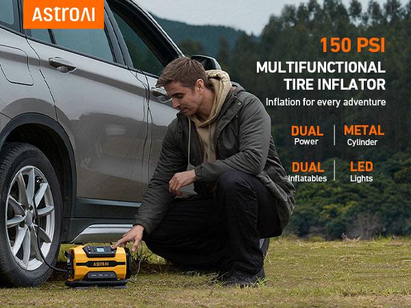AstroAI Portable Tire Inflator, 150PSI,  12 V DC/120 V AC Dual Power, with Dual Metal Motors & LED Light,Yellow Tool Car Air Compressor