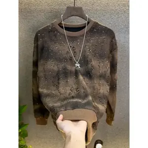 Autumn Winter New Style Distressed Starry Sky Rhinestone Round Neck Sweatshirt Men's Trendy Fashion Gradient Versatile Long Sleeve Top