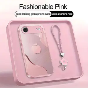 Luxury Faux Brushed Metal Texture Phone Case with Flower Lanyard | Glossy Glass Feel 2D Printed Cover | for [iPhone 17 Air] 952